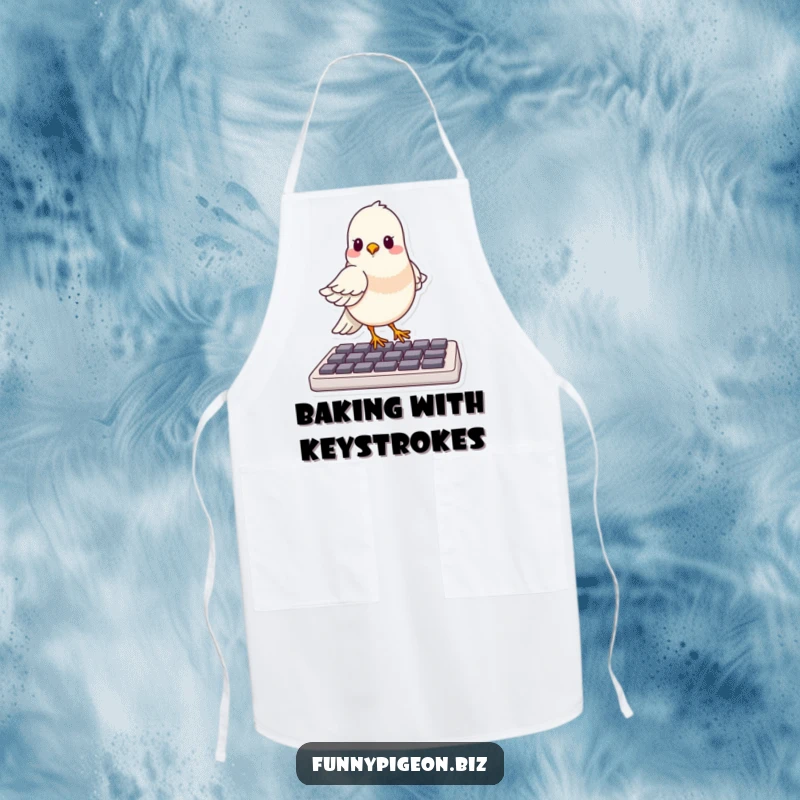 Funny apron showing a proud pigeon confidently balancing on a computer keyboard, ready to whip up some digital delights.