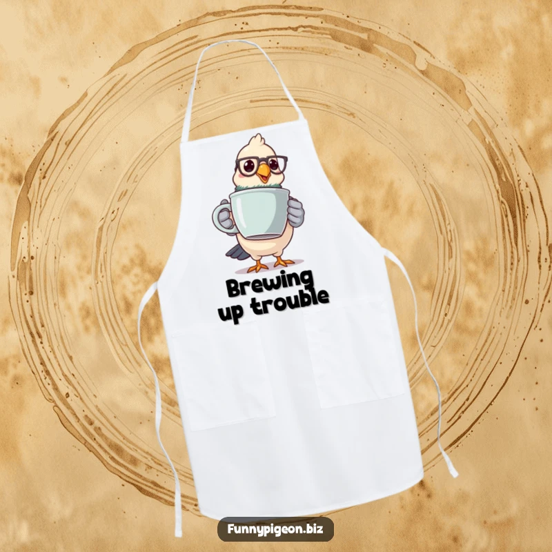 Funny pigeon barista apron showing a spectacled bird wobbling with a large coffee mug, perfect for kitchen humor.