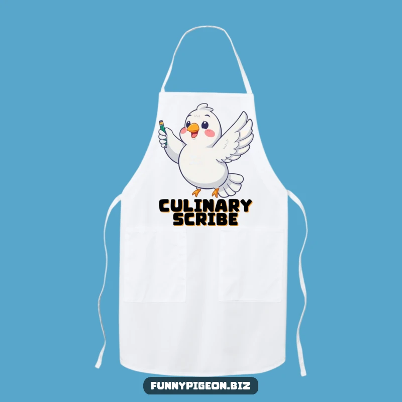 Funny Pigeon Writer Apron: Chubby Bird Soaring with Pen - Hilarious Kitchen Attire!
