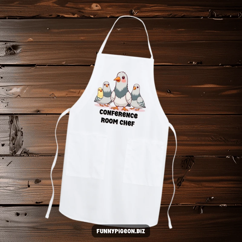 Funny kitchen apron featuring pigeons in a pretend conference call, nodding enthusiastically, ideal for humorous cooking and kitchen tasks.