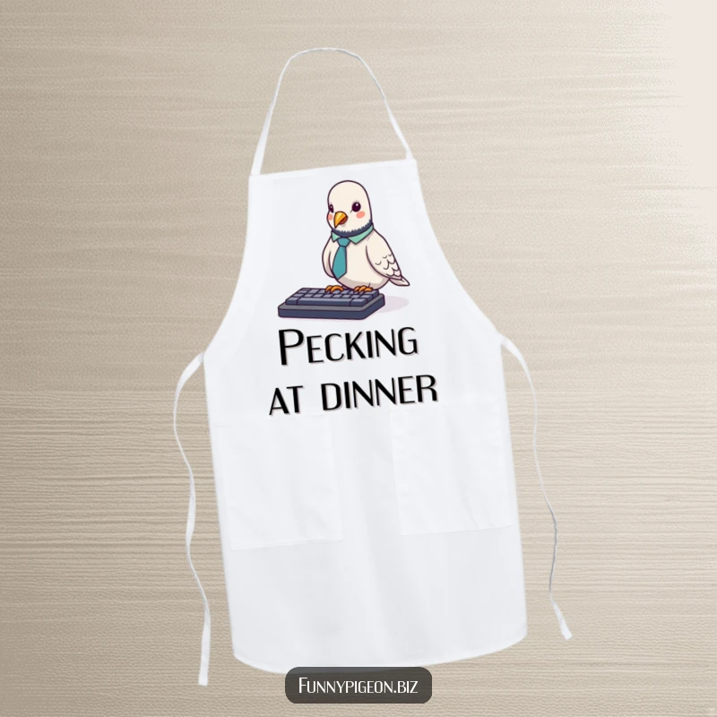 Funny Pigeon Apron: A tiny pigeon in an office tie awkwardly pecks at a computer keyboard, a humorous and functional kitchen accessory.