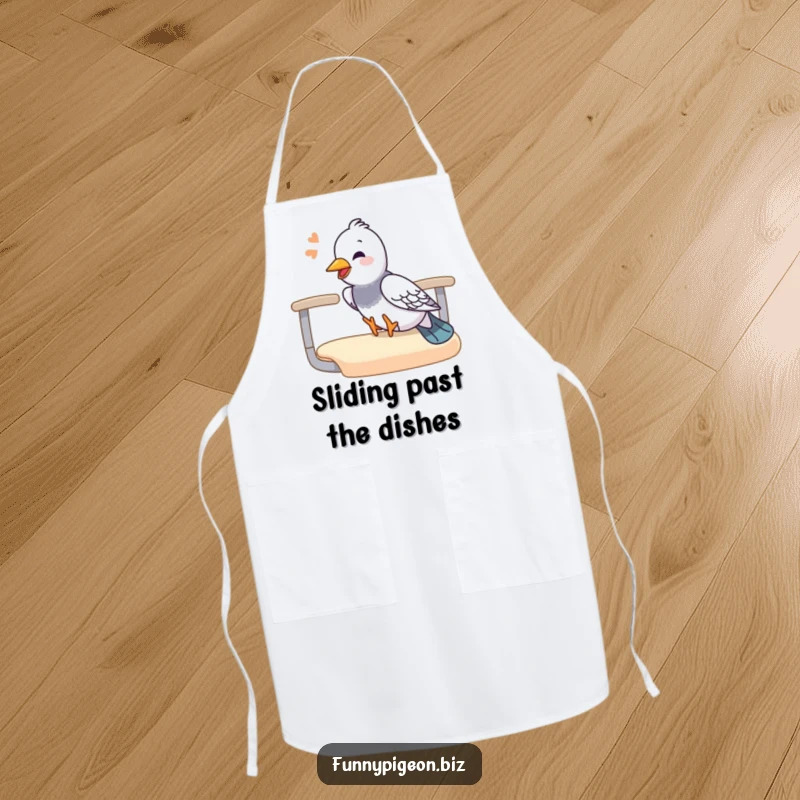 Funny pigeon apron with a giggling pigeon sliding down an office chair armrest, bringing humorous office fun to the kitchen.