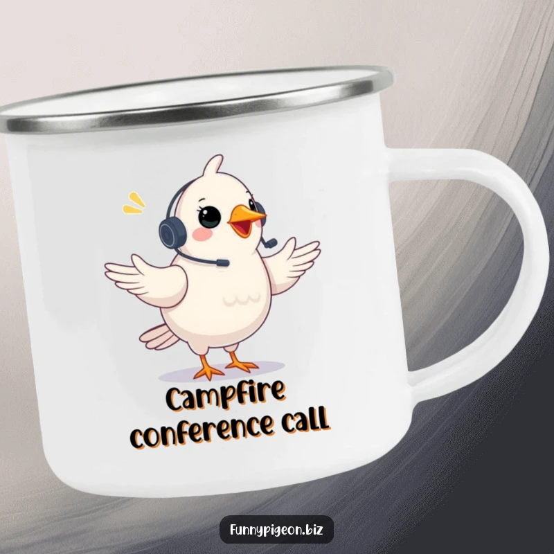 Funny Pigeon Camping Mug: A plump pigeon with a headset gestures excitedly in a video conference, perfect for humorous outdoor beverages.