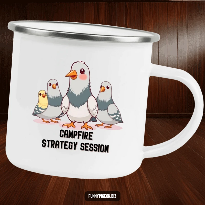 Durable camping mug featuring pigeons in a pretend conference call, nodding enthusiastically, for humorous outdoor enjoyment.