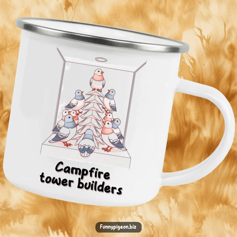 Funny pigeon camp collaboration mug with birds building a paper tower, ideal for outdoor coffee.