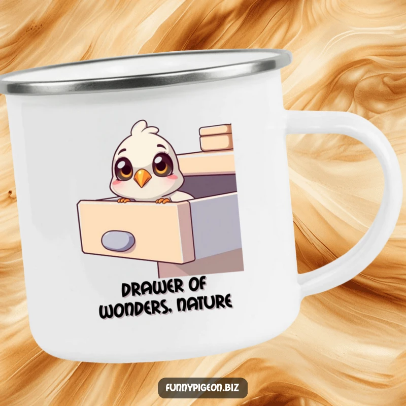 Funny pigeon camping mug showing a pigeon with curious eyes peering into an office drawer, perfect for outdoor investigations.