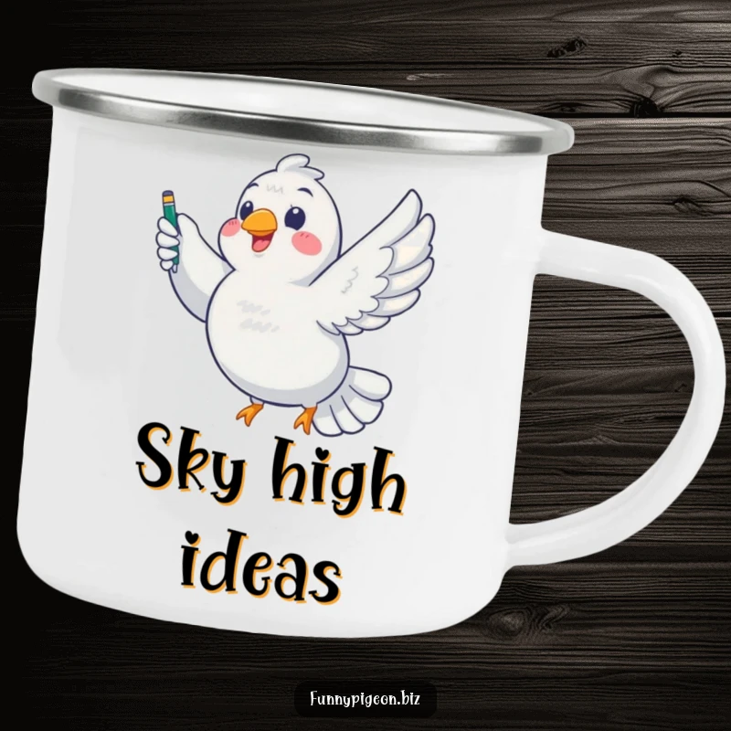 Funny Pigeon Writer Camping Mug: A chubby pigeon with a pen in beak, ready for outdoor adventures and creative writing, a humorous gift.