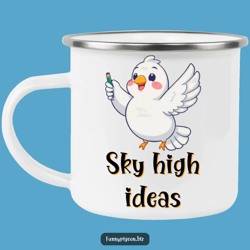 Funny Pigeon Writer Camping Mug: Chubby Bird Soaring with Pen - Adventure & Hilarious Tales!
