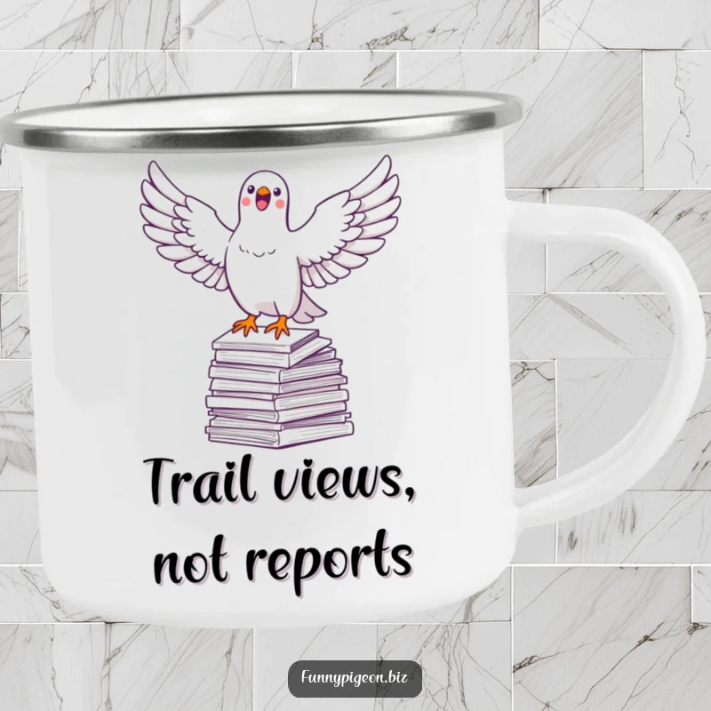 Funny pigeon camping mug showing a jubilant pigeon soaring above paperwork, perfect for enjoying drinks outdoors.