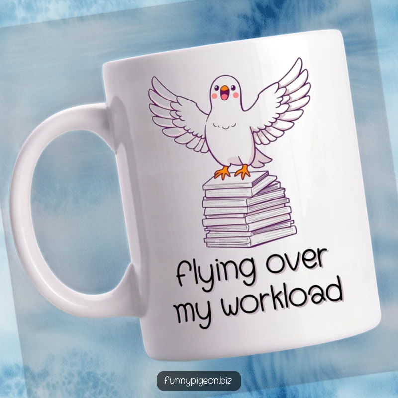 Funny pigeon mug featuring a jubilant pigeon with spread wings soaring high above a messy stack of papers, symbolizing freedom.