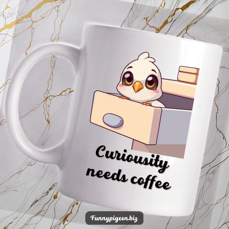Funny pigeon mug featuring a pigeon with large, curious eyes peering intently into an open office drawer, showcasing inquisitiveness.