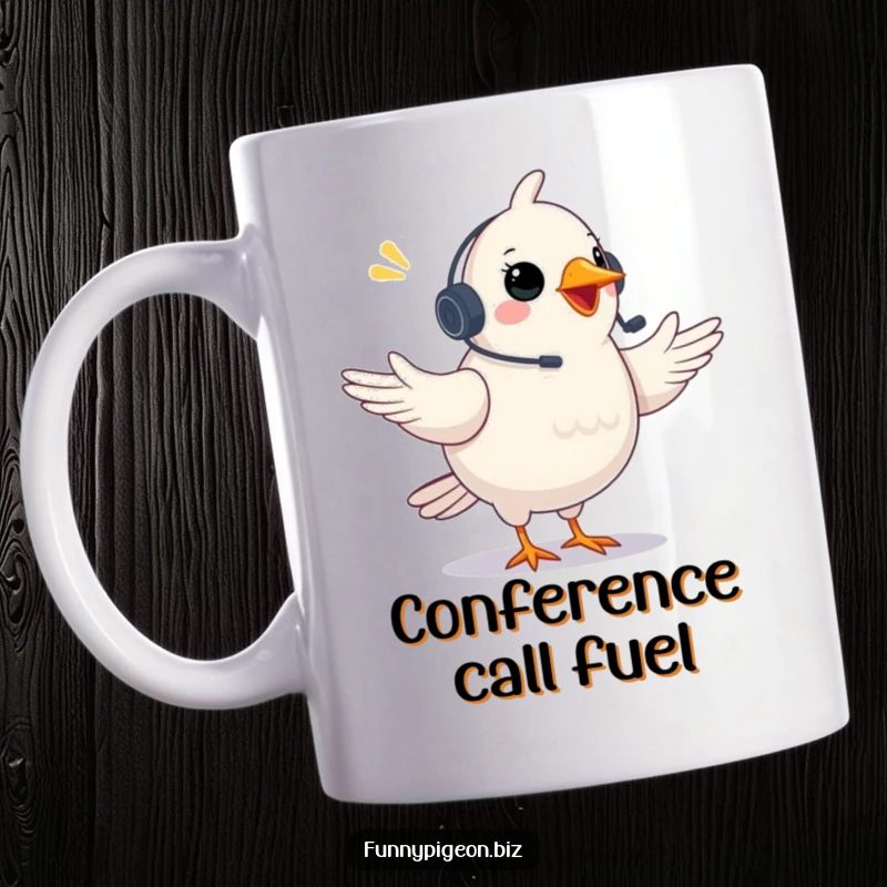 Funny Pigeon Mug: A plump pigeon with a headset gestures excitedly during a video conference, capturing the essence of remote work humor.