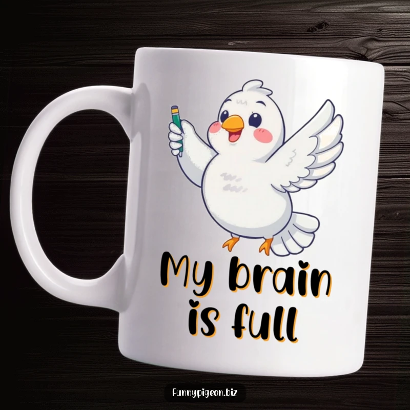Funny Pigeon Writer Mug: Chubby bird triumphantly soars with a pen in its beak, showcasing literary ambition and humor.