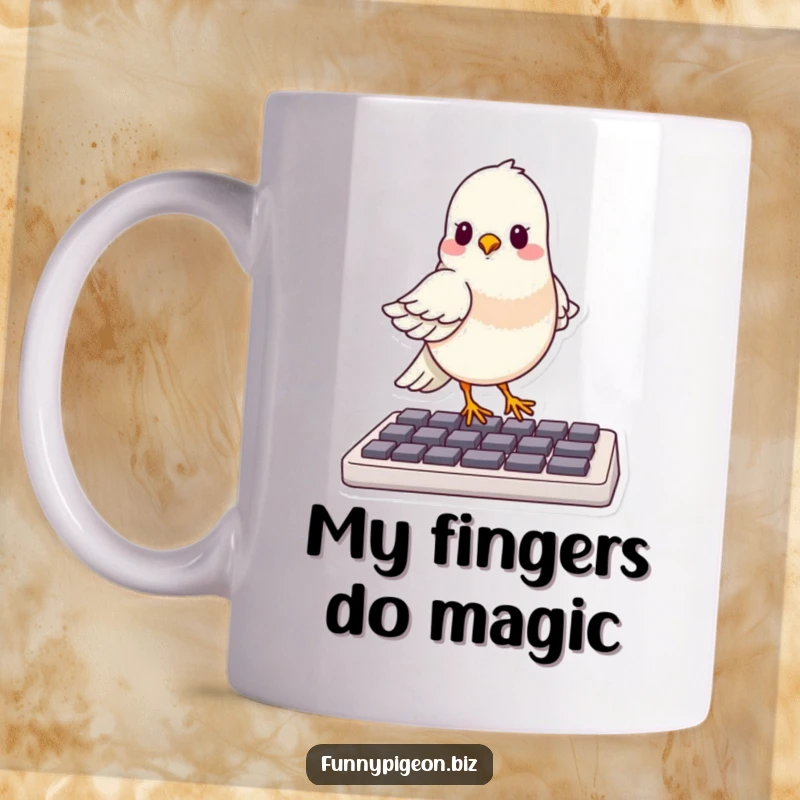 Funny mug showing a smug pigeon triumphantly perched on a computer keyboard, ready to type its next big idea.
