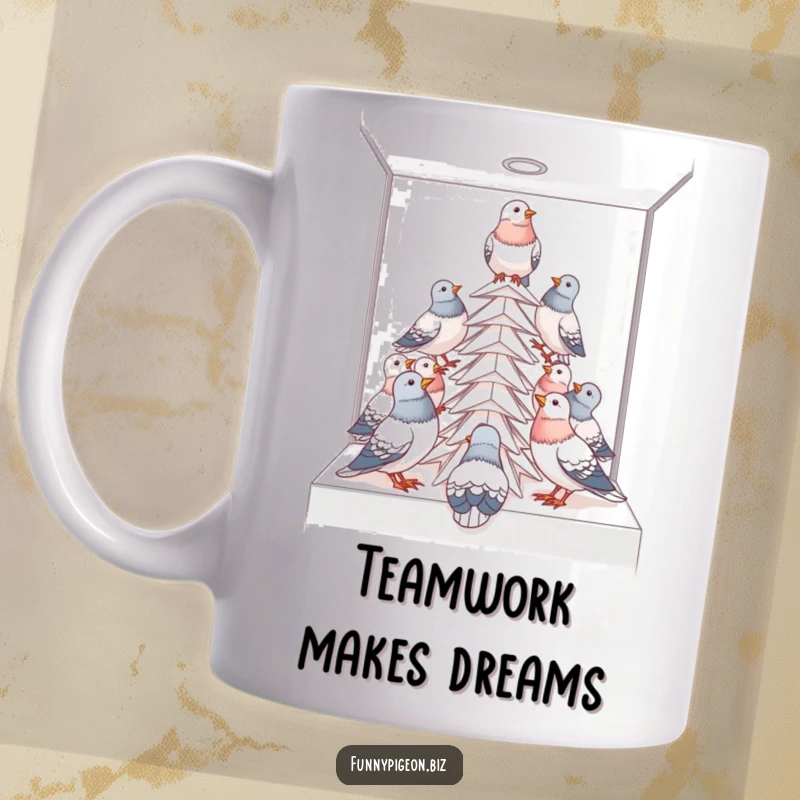 Funny pigeon office mug showing a group of birds cooperatively building a paper tower in a cubicle, symbolizing teamwork.