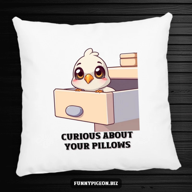 Funny pigeon pillow featuring a pigeon with curious eyes peering into an office drawer, offering comfort and a touch of playful intrigue.