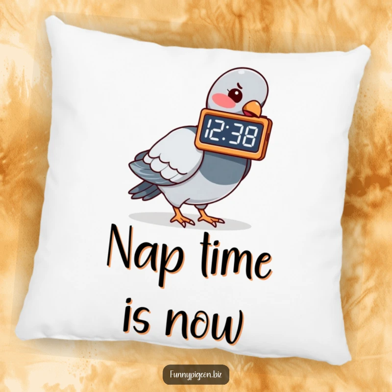 Soft decorative pillow featuring a funny pigeon pecking at a digital clock showing a humorous time, perfect for adding cozy comedy.