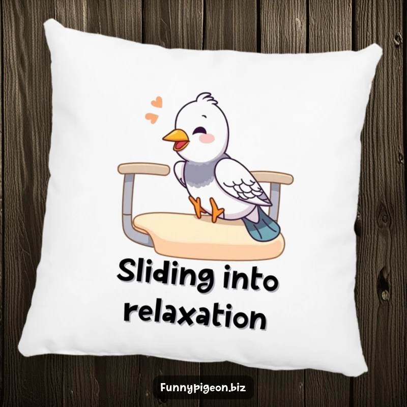 Funny pigeon pillow featuring a giggling pigeon sliding down an office chair armrest, offering comfort and a dose of playful humor.