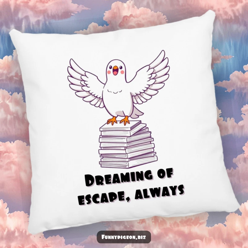 Funny pigeon pillow featuring a jubilant pigeon soaring over paper, offering comfort and a humorous touch to any room.