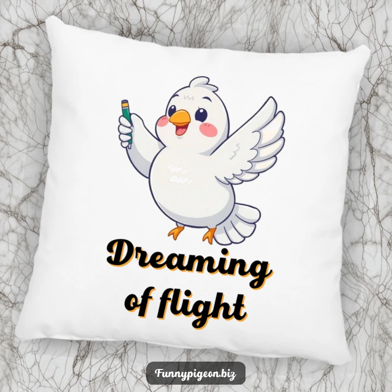 Funny Pigeon Writer Pillow: A plush cushion displaying a chubby pigeon flying with a pen, adding a touch of humor to any room.