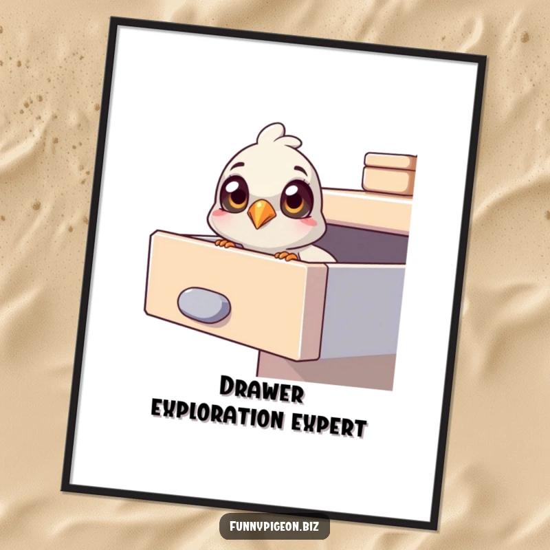 Funny pigeon digital art print of a pigeon with curious eyes peering into an office drawer, a humorous and intriguing piece.