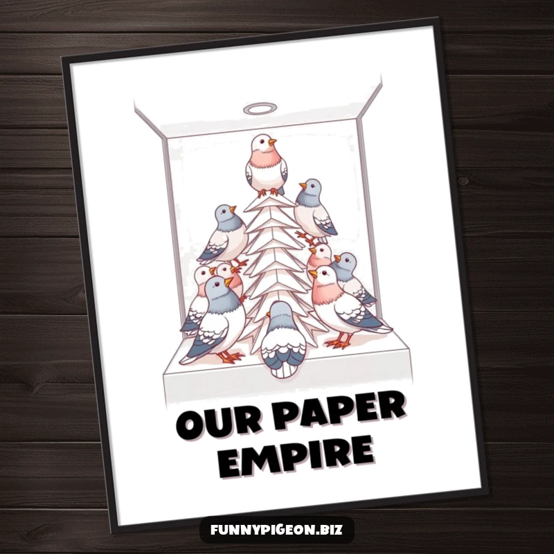 Funny pigeon office digital art print of birds building a paper tower in a cubicle, ready for display.