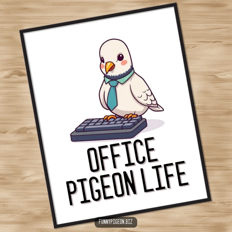 Funny Pigeon Digital Art Print: A tiny pigeon in an office tie awkwardly pecks at a keyboard, a humorous digital artwork.