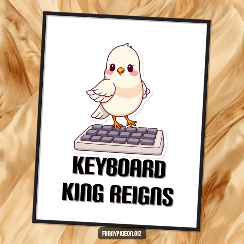 Funny digital art print of a smug pigeon confidently balancing on a computer keyboard, looking like a true digital master.