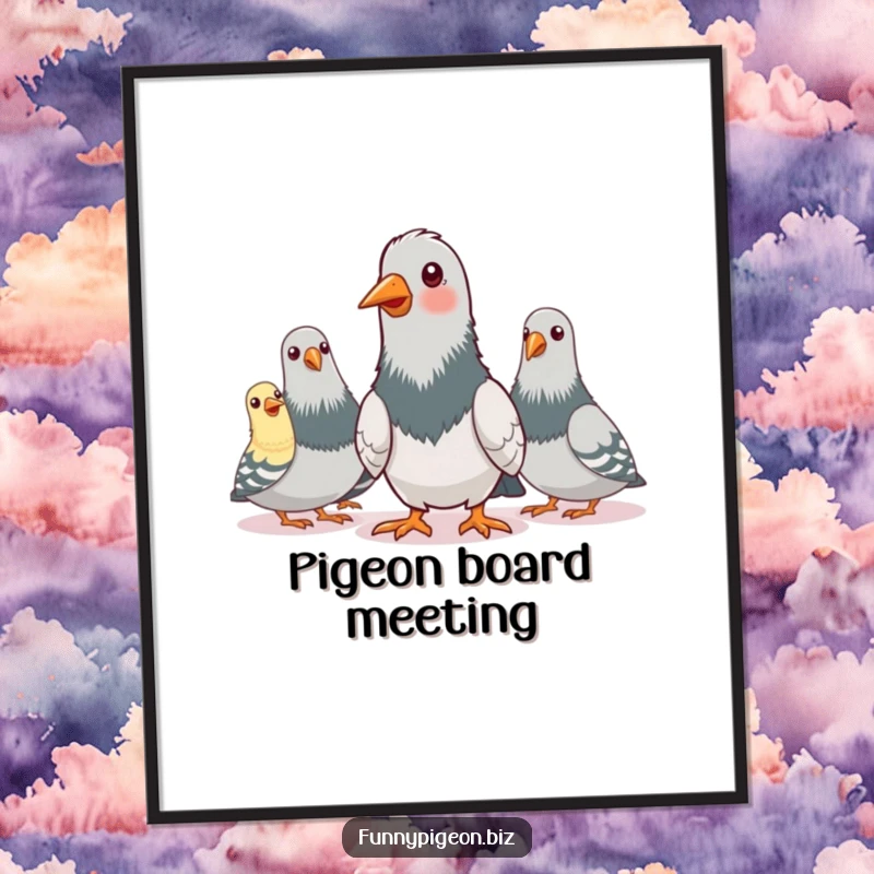 Funny digital art print of pigeons in a pretend conference call, nodding enthusiastically, perfect for instant download and humorous decor.