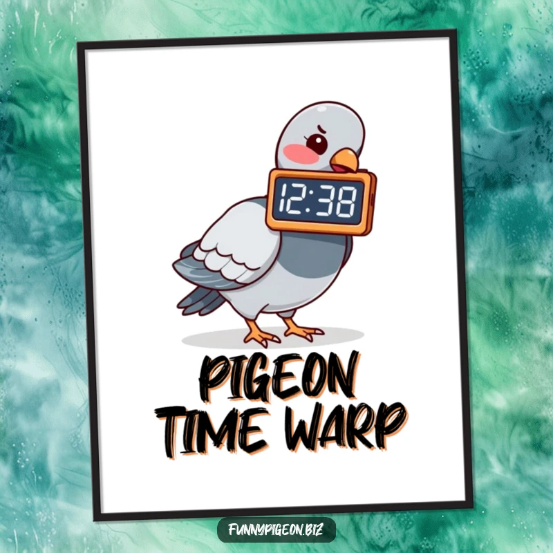 Funny digital art print of a pigeon pecking at a digital clock showing a funny time, perfect for instant download and humorous decor.