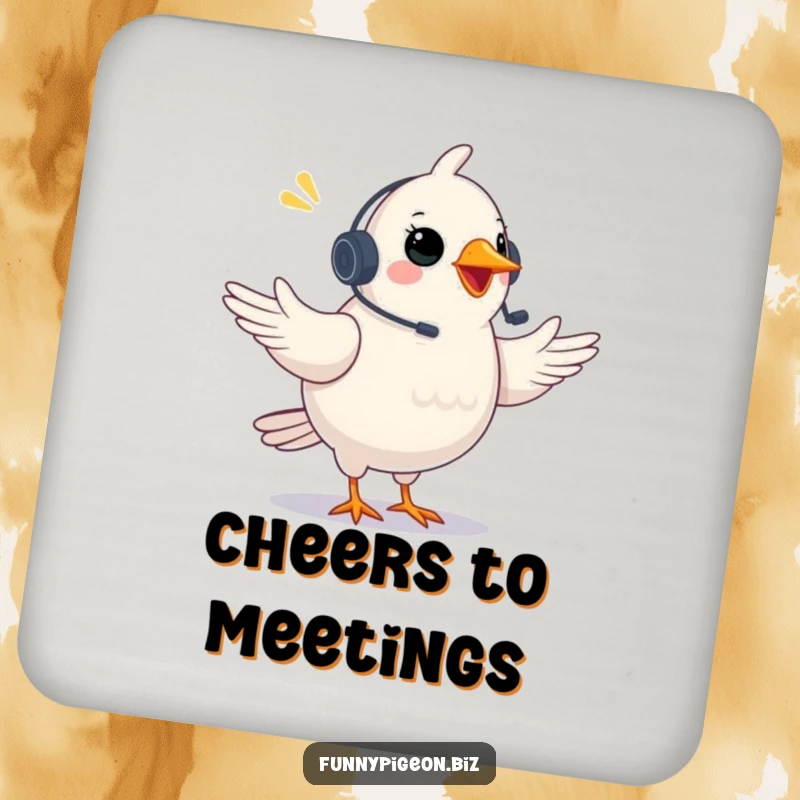 Funny Pigeon Drink Coaster: A plump pigeon with a headset gestures excitedly in a video conference, offering surface protection with humor.