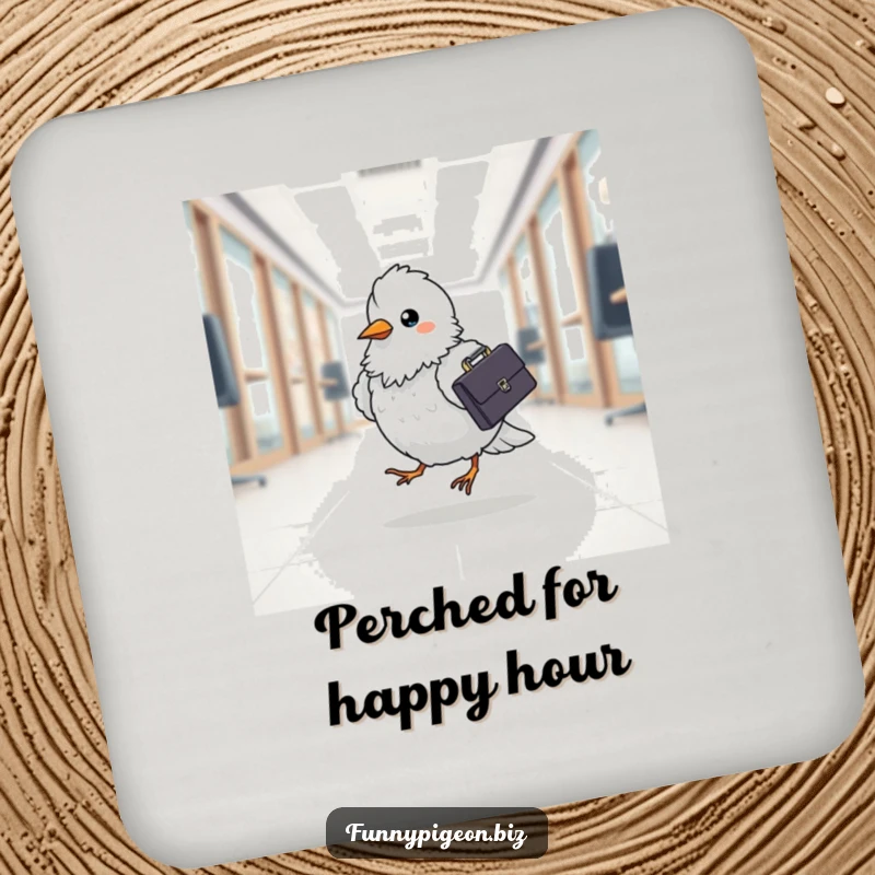 Funny pigeon office coaster showcasing a fluffy bird with a briefcase, protecting surfaces with humorous intent.