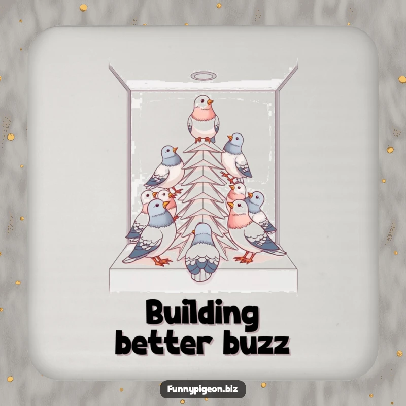 Funny pigeon office coaster showing birds building a paper tower, protecting surfaces with humor.