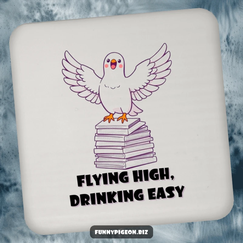 Funny pigeon drink coaster featuring a jubilant pigeon soaring over papers, adding a humorous and protective touch.