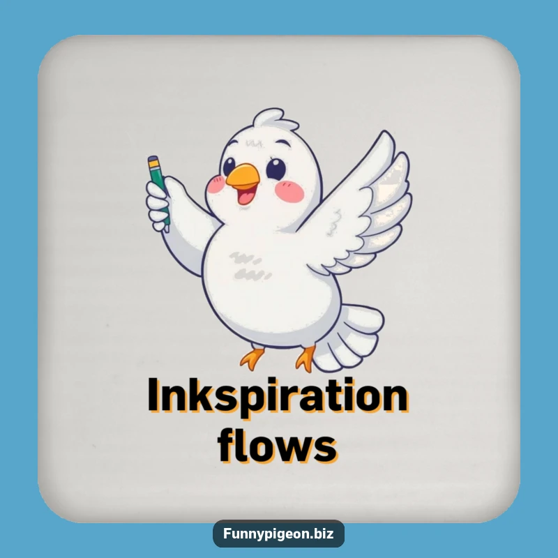 Funny Pigeon Writer Coaster: Chubby Bird Soaring with Pen - Protect Surfaces Hilariously!