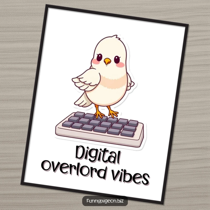 Funny poster featuring a triumphant pigeon perched regally on a computer keyboard, looking incredibly pleased with its digital prowess.