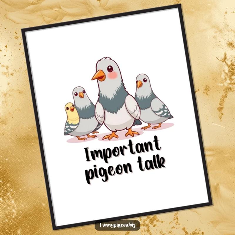 Funny wall art print of pigeons participating in a pretend conference call, nodding energetically, perfect for adding humor to any room.