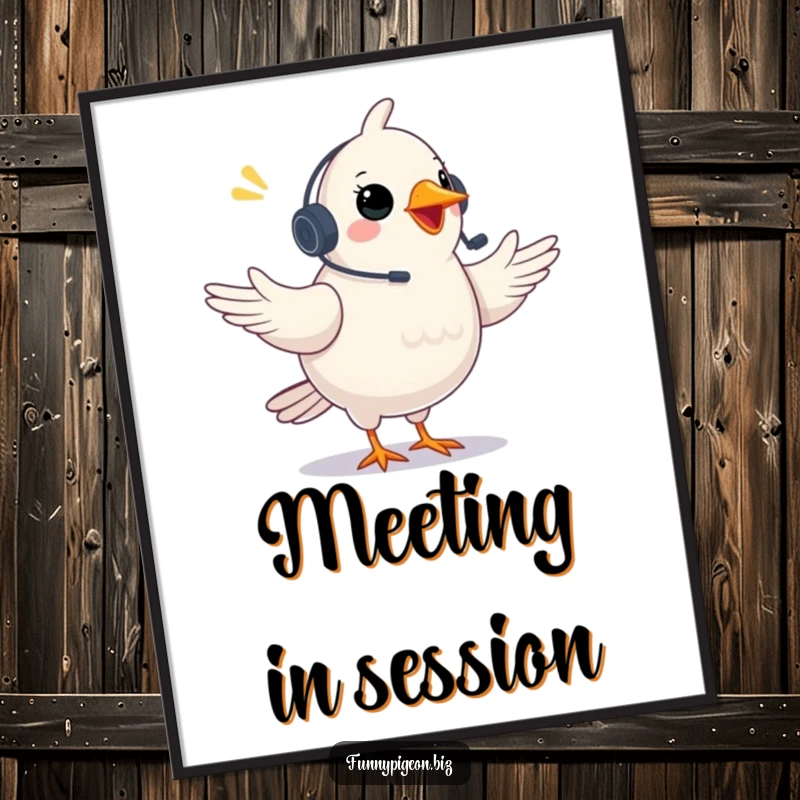 Funny Pigeon Poster: A plump pigeon wearing a headset gestures excitedly during a video conference, a humorous and dynamic piece of art.