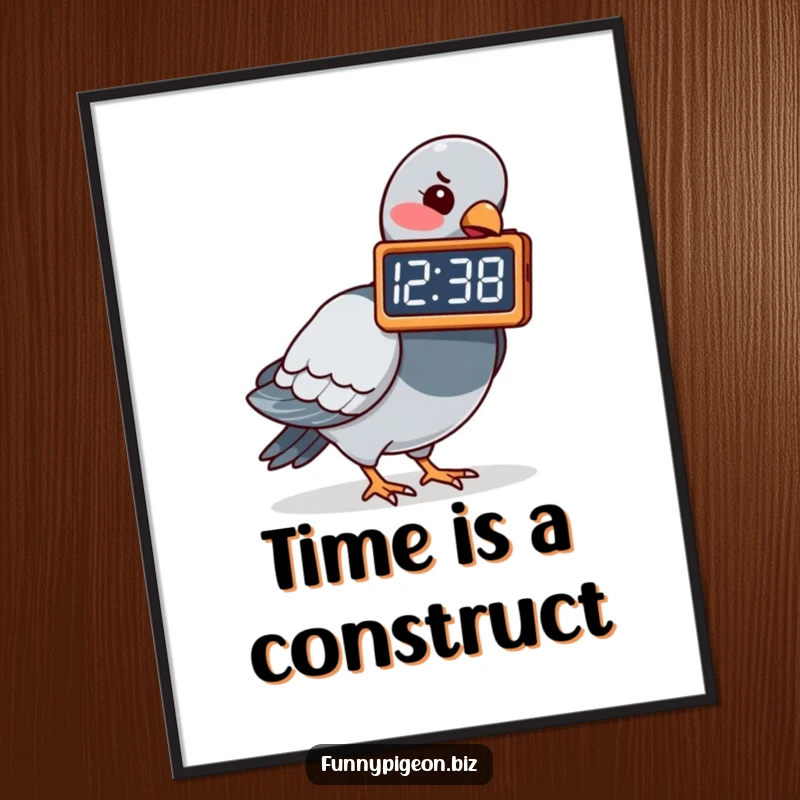 Funny wall art print of a pigeon pecking at a digital clock showing an absurd time, perfect for adding humor to any room.