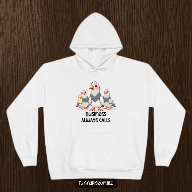 Soft hoodie featuring a funny pigeon enthusiastically nodding during a pretend conference call with other pigeons, perfect for cozy, humorous wear.