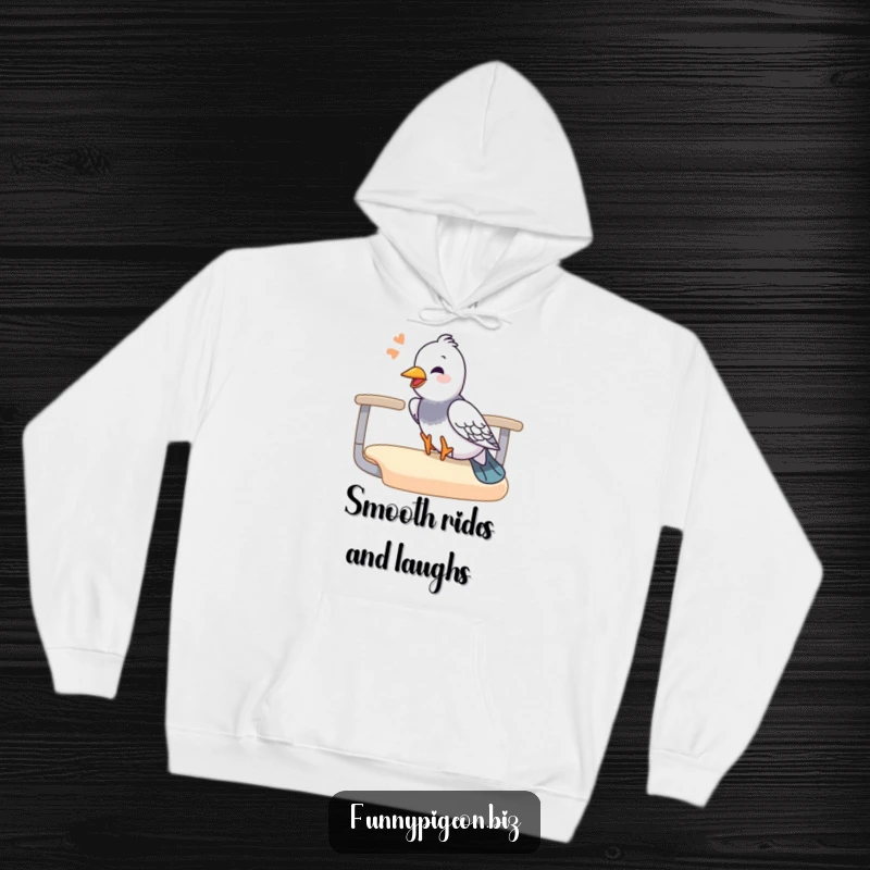 Funny pigeon hoodie featuring a giggling pigeon sliding down an office chair armrest, offering cozy comfort and playful office humor.