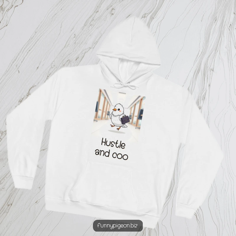 Funny pigeon executive hoodie depicting a fluffy bird with a briefcase, hopping to work, offering warmth and office-themed humor.