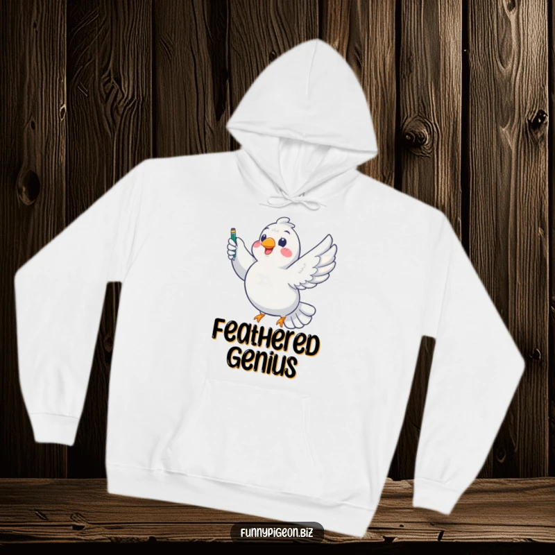 Funny Pigeon Writer Hoodie: Comfortable and warm, featuring a chubby pigeon heroically flying with a pen, a funny gift for literary minds.