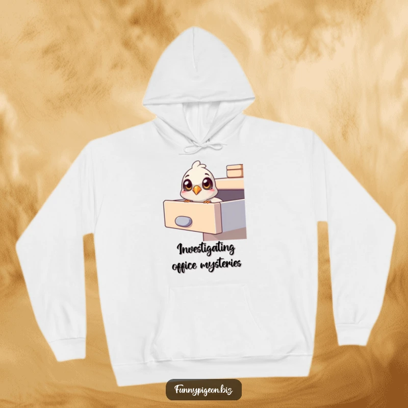 Funny pigeon hoodie featuring a pigeon with wide, curious eyes peering into an office drawer, offering cozy intrigue.