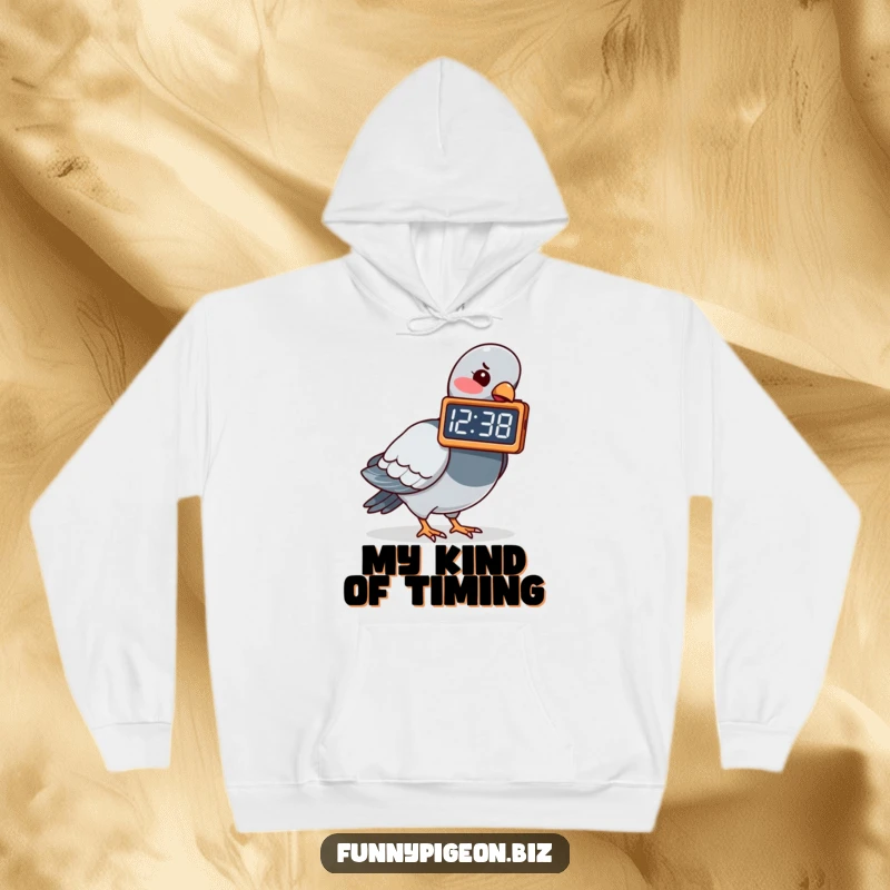Soft hoodie featuring a funny pigeon playfully pecking at a digital clock showing a nonsensical time, perfect for cozy, humorous wear.