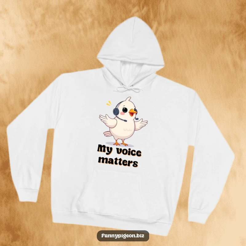 Funny Pigeon Hoodie: A plump pigeon with a headset gestures excitedly in a video conference, perfect for cozy and humorous virtual meetings.