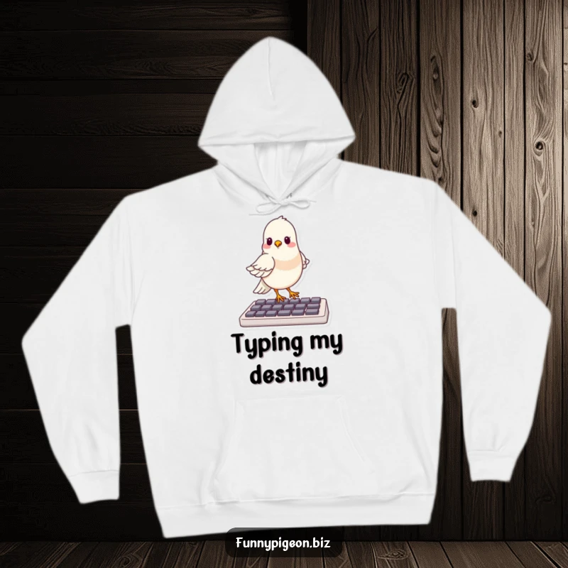 Funny hoodie depicting a satisfied pigeon confidently seated atop a computer keyboard, ready to peck out some code.