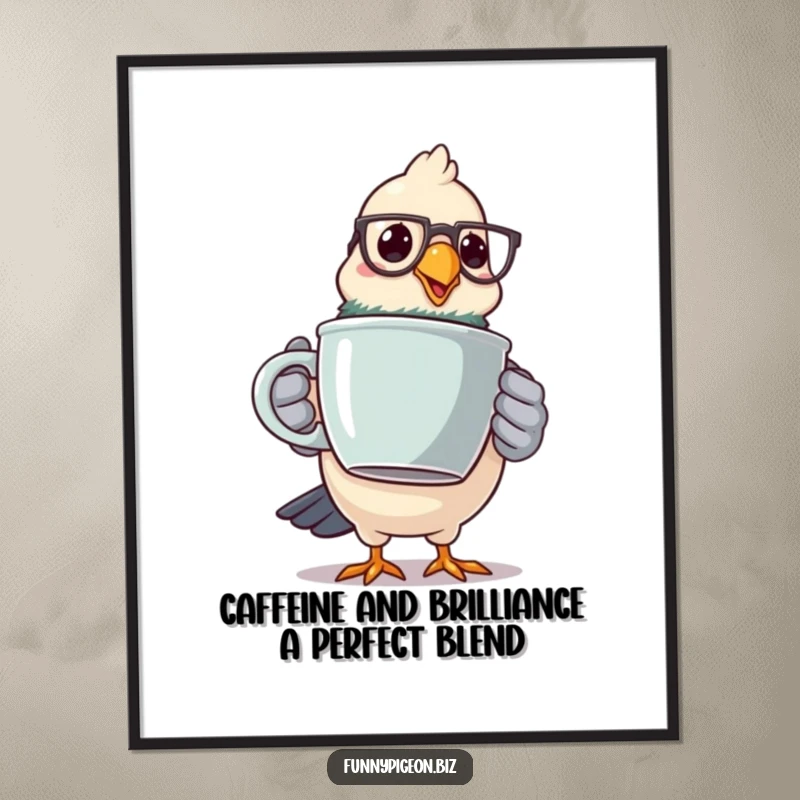 Funny Free Printable Wall Art: Pigeon wearing glasses and holding a huge coffee mug, comically wobbling, humorous downloadable art.