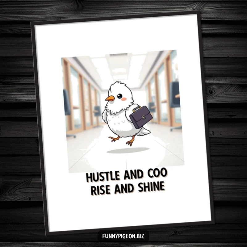 Funny Free Printable Wall Art: A determined pigeon with a briefcase, hopping across an office floor, humorous downloadable art.