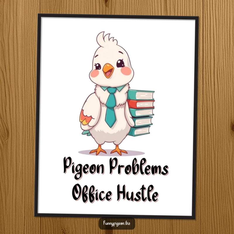 Funny free printable wall art of a pigeon character wearing a tie, struggling to balance a teetering stack of files, in an office.